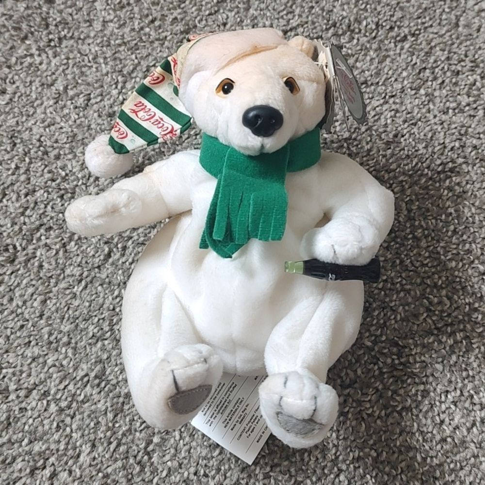 Style #0206‎ Coca Cola Bean Bag Plush Polar Bear In Long Striped Cap